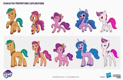 Size: 2083x1349 | Tagged: safe, artist:claudio naccari, artist:claudionaccari, boulder media, derpibooru import, official, hitch trailblazer, izzy moonbow, pipp, pipp petals, sunny starscout, zipp storm, earth pony, pegasus, pony, unicorn, g5, boulder media logo, chubby, colored wings, concave belly, concept art, female, hasbro, hasbro logo, height difference, horn, image, jpeg, logo, male, mane five, mare, multicolored wings, my little pony g5 2d show (boulder media), my little pony logo, physique difference, pipp is short, royal sisters (g5), shortstack, siblings, simple background, sisters, slender, stallion, standing, text, thin, unshorn fetlocks, white background, wings