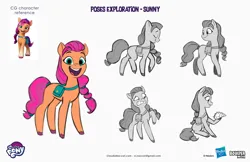 Size: 2083x1349 | Tagged: safe, artist:claudio naccari, artist:claudionaccari, boulder media, derpibooru import, official, sunny starscout, earth pony, pony, g5, boulder media logo, concave belly, concept art, female, hasbro, hasbro logo, image, jpeg, logo, mare, my little pony g5 2d show (boulder media), my little pony logo, simple background, slender, text, thin, white background