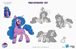 Size: 2083x1349 | Tagged: safe, artist:claudio naccari, artist:claudionaccari, boulder media, derpibooru import, official, izzy moonbow, pony, unicorn, g5, boulder media logo, concave belly, concept art, female, hasbro, hasbro logo, horn, image, jpeg, logo, mare, my little pony g5 2d show (boulder media), my little pony logo, raised hoof, simple background, slender, text, thin, white background