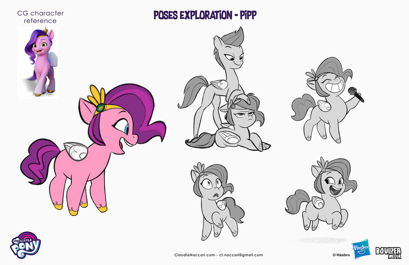 Size: 2083x1349 | Tagged: safe, artist:claudio naccari, artist:claudionaccari, boulder media, derpibooru import, official, pipp petals, pegasus, pony, g5, adorapipp, blue eyes, blue-eyed pipp, boulder media logo, chubby, concept art, cute, female, hasbro, hasbro logo, image, jpeg, logo, mare, my little pony g5 2d show (boulder media), my little pony logo, physique difference, simple background, slender, text, thin, white background