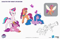 Size: 2083x1349 | Tagged: safe, artist:claudionaccari, boulder media, derpibooru import, official, izzy moonbow, pipp petals, sunny starscout, zipp storm, alicorn, butterfly, earth pony, insect, pegasus, pony, unicorn, g5, my little pony: a new generation, alicornified, annoyed, artificial horn, artificial wings, augmented, boulder media logo, colored wings, concave belly, concept art, female, folded wings, hasbro, hasbro logo, horn, image, jpeg, logo, looking at each other, looking at someone, lying down, magic, magic horn, magic wings, mare, multicolored wings, my little pony logo, neckerchief, physique difference, pipp petals is not amused, prone, race swap, royal sisters (g5), siblings, simple background, sisters, slender, spread wings, standing, sunnycorn, telescope, text, thin, unamused, unshorn fetlocks, white background, wings