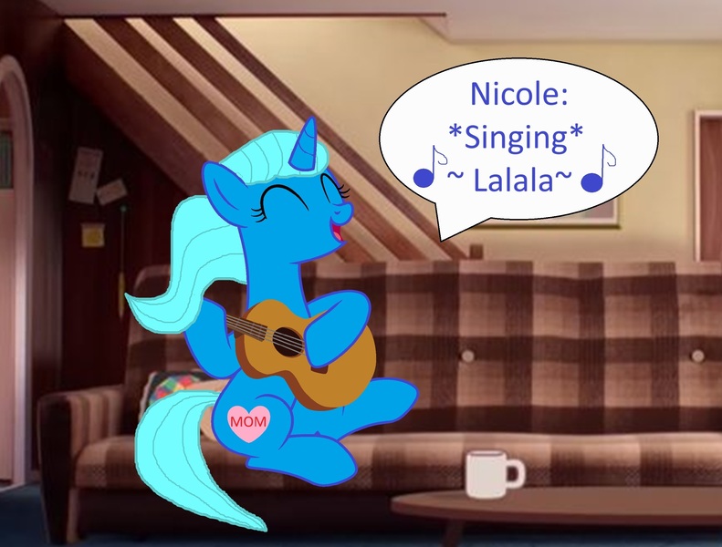 Size: 2708x2054 | Tagged: safe, artist:memeartboi, derpibooru import, ponified, pony, unicorn, g4, beautiful, couch, cup, cute, eyes closed, female, guitar, heart, horn, image, indoors, jpeg, living room, mare, musical instrument, nicole watterson, playing guitar, singing, sitting, solo, speech bubble, teacup, text, the amazing world of gumball, unicorn horn