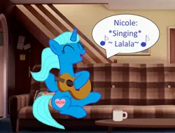 Size: 2708x2054 | Tagged: safe, artist:memeartboi, derpibooru import, ponified, pony, unicorn, g4, beautiful, couch, cup, cute, eyes closed, female, guitar, heart, horn, image, indoors, jpeg, living room, mare, musical instrument, nicole watterson, playing guitar, singing, sitting, solo, speech bubble, teacup, text, the amazing world of gumball, unicorn horn