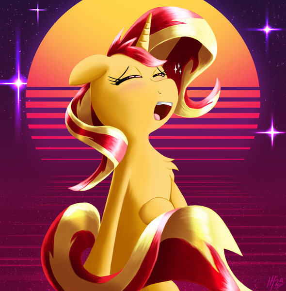 Size: 2117x2152 | Tagged: safe, artist:jphyperx, derpibooru import, sunset shimmer, pony, unicorn, g4, blushing, chest fluff, cute, ecstasy, enjoying, eyes closed, female, horn, image, png, retrowave, shimmerbetes, stars, synthwave