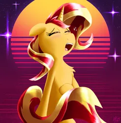 Size: 2117x2152 | Tagged: safe, artist:jphyperx, derpibooru import, sunset shimmer, pony, unicorn, g4, blushing, chest fluff, cute, ecstasy, enjoying, eyes closed, female, horn, image, png, retrowave, shimmerbetes, stars, synthwave