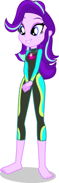 Size: 1443x4408 | Tagged: safe, alternate version, artist:dustinwatsongkx, derpibooru import, starlight glimmer, human, equestria girls, g4, barefoot, clothes swap, feet, female, fluttershy's wetsuit, geode of fauna, hatless, image, magical geodes, missing accessory, png, simple background, solo, swimsuit swap, transparent background, wetsuit