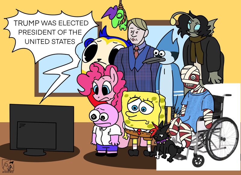 Size: 2048x1493 | Tagged: safe, artist:visscace, derpibooru import, pinkie pie, anthro, earth pony, pony, crossover, curly (mouthwashing), election, glep, group, hanging, hannibal lecter, image, jpeg, mordecai, mouthwashing (game), persona, pim pimling, politics, prediction, regular show, sad, scourge, sebastian solace, smiling friends, spongebob squarepants, spongebob squarepants (character), suicide, teddie (persona), the silence of the lambs, united states, warrior cats, watching tv