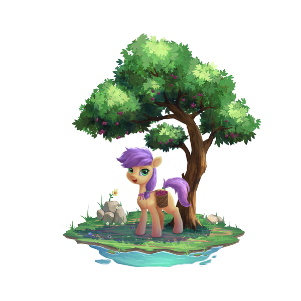 Size: 3800x3800 | Tagged: safe, artist:little_mouse, derpibooru import, oc, oc:plum blossoms, unofficial characters only, earth pony, pony, basket, bow, earth pony oc, female, flower, grass, green eyes, hair bow, high res, image, jpeg, looking at you, mare, neck bow, plum, purple mane, rock, simple background, solo, tree, white background