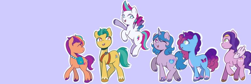 Size: 1500x500 | Tagged: safe, artist:eltrash_art6, derpibooru import, hitch trailblazer, izzy moonbow, pipp petals, sunny starscout, zipp storm, earth pony, pegasus, pony, unicorn, g5, :p, applejack (g5), bag, banner, eyes closed, female, fluttershy (g5), flying, horn, image, jpeg, male, mane five, mane six (g5), mare, markings, misty brightdawn, one eye closed, open mouth, pinkie pie (g5), purple background, rainbow dash (g5), rarity (g5), royal sisters (g5), saddle bag, siblings, simple background, sisters, stallion, tongue out, twilight sparkle (g5), unshorn fetlocks, wink