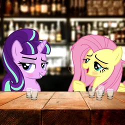 Size: 2048x2048 | Tagged: safe, artist:cezaryy, artist:trrrebleee, derpibooru import, edit, fluttershy, starlight glimmer, pegasus, pony, unicorn, g4, alcohol, blushing, drink, drinking, drunk, duo, female, glass, horn, image, implied lesbian, messy mane, png, pub, real life background, s5 starlight, shot glass