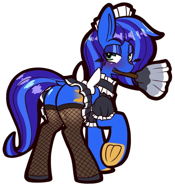 Size: 1280x1359 | Tagged: suggestive, artist:chiefywiffy, derpibooru import, part of a set, oc, oc:blue shade, unofficial characters only, pegasus, bedroom eyes, butt, clothes, colored hooves, commission, duster, fishnet clothing, fishnets, flirting, glowing cutie mark, gradient eyes, hooves, image, jpeg, maid, maid headdress, plot, skirt, socks, stockings, thigh highs, ych result