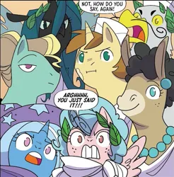 Size: 503x512 | Tagged: safe, artist:jenna ayoub, derpibooru import, idw, cozy glow, donut joe, gustave le grande, mulia mild, queen chrysalis, trixie, zephyr breeze, changeling, changeling queen, gryphon, hybrid, mule, pegasus, pony, unicorn, g4, spoiler:comic, clothes, comic, faic, female, hat, horn, image, male, my little pony classics reimagined: the odyssey, png, reaction image, speech bubble, text, trixie's hat