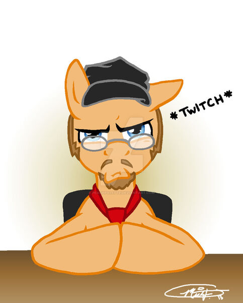 Size: 900x1119 | Tagged: safe, artist:peachpalette, derpibooru import, ponified, earth pony, pony, cap, chair, clothes, deviantart watermark, eyebrows, facial hair, glasses, hat, hoofs on table, image, jpeg, necktie, nostalgia critic, obtrusive watermark, onomatopoeia, raised eyebrow, signature, simple background, solo, table, watermark, white background