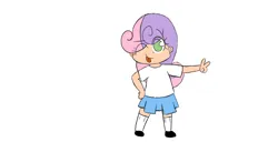 Size: 1600x817 | Tagged: safe, artist:scribblenuaght, derpibooru import, sweetie belle, human, g4, :p, ;p, eye clipping through hair, female, hand on hip, humanized, image, light skin, looking at you, no pupils, one eye closed, peace sign, png, simple background, solo, tongue out, white background, wink, winking at you