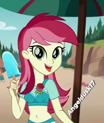 Size: 1080x1275 | Tagged: safe, ai content, derpibooru import, machine learning generated, prompter:angeldusk17, roseluck, equestria girls, g4, beach, bikini, clothes, female, food, ice cream, image, jpeg, photoshop, sand, solo, swimsuit