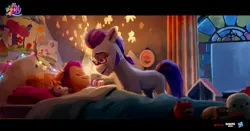 Size: 2342x1224 | Tagged: safe, artist:p.r.mayer, boulder media, derpibooru import, official, sunny starscout, earth pony, pony, g5, my little pony: a new generation, argyle starshine, bed, bedroom, blanket, boulder media logo, concept art, female, filly, filly sunny starscout, foal, hasbro, hasbro logo, image, indoors, jpeg, laying on bed, logo, lying down, male, my little pony logo, my little pony: a new generation logo, netflix, netflix logo, on bed, stallion, younger