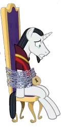 Size: 747x1536 | Tagged: safe, derpibooru import, chancellor neighsay, unicorn, friendship is magic, g4, school raze, anxious, beard, chains, chair, equestrian education association, facial hair, horn, image, lock, locked, my little pony, png, simple background, tied to chair, tied up, transparent background, trapped