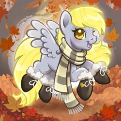 Size: 2400x2400 | Tagged: safe, artist:sparkytopia, derpibooru import, derpy hooves, pegasus, pony, g4, autumn, boots, clothes, commission, female, gray coat, hoof heart, image, looking at you, mare, missing cutie mark, open mouth, open smile, outdoors, png, scarf, shoes, signature, smiling, solo, spread wings, wings, ych example, yellow eyes, yellow hair, your character here