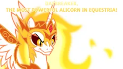 Size: 1920x1080 | Tagged: safe, artist:drakizora, derpibooru import, edit, editor:jaredking779, daybreaker, alicorn, pony, g4, armor, ethereal mane, eyeshadow, female, folded wings, image, jewelry, jpeg, makeup, mane of fire, mare, peytral, regalia, simple background, smiling, solo, white background, wing armor, wings