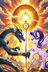 Size: 768x1152 | Tagged: safe, ai content, derpibooru import, machine learning generated, prompter:the emissary, starlight glimmer, oc, alicorn, dragon, pony, g4, alicornified, alternate universe, combat, duo, female, fight, image, male, male oc, outdoors, png, race swap, starlicorn, time travel, xk-class end-of-the-world scenario