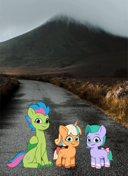 Size: 1080x1490 | Tagged: safe, artist:caseyben887, artist:prixy05, derpibooru import, earth pony, pegasus, pony, unicorn, g5, my little pony: tell your tale, bow, coat markings, female, filly, foal, grin, horn, image, looking at you, luminous dazzle, mare, mountain, peach fizz, pippsqueaks, png, seashell (g5), sitting, sky, smiling, smiling at you, socks (coat marking), tail, tail bow