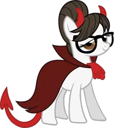 Size: 1185x1328 | Tagged: safe, derpibooru import, official, raven, writing desk, earth pony, pony, g4, .svg available, cape, clothes, costume, devil costume, devil horns, devil tail, glasses, horns, image, nightmare night costume, png, solo, tail, vector