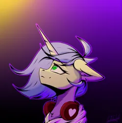 Size: 3231x3249 | Tagged: safe, artist:cmdrtempest, derpibooru import, oc, oc:melody charmi, unofficial characters only, pony, unicorn, bust, clothes, cute, female, gradient background, headset, hoodie, horn, image, looking up, mare, png, solo