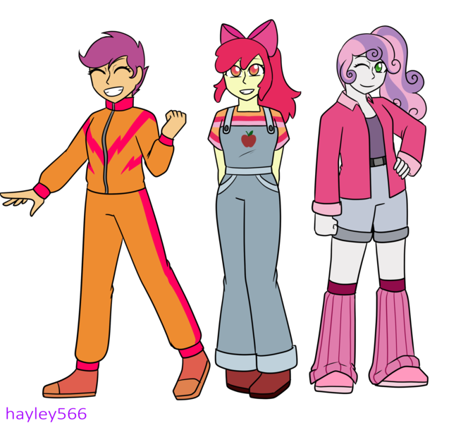 Size: 3075x2778 | Tagged: safe, artist:hayley566, derpibooru import, apple bloom, scootaloo, sweetie belle, equestria girls, g4, 80s, alternate hairstyle, apple bloom's bow, belt, boots, bow, clothes, commission, cutie mark crusaders, eyes closed, fashion, female, grin, hair bow, image, jacket, kneesocks, leather, leather jacket, leg warmers, older, older apple bloom, older cmc, older scootaloo, older sweetie belle, one eye closed, overalls, pants, png, ponytail, shirt, shoes, shorts, simple background, smiling, socks, sweatpants, t-shirt, tracksuit, transparent background, trio, wink