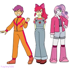 Size: 3075x2778 | Tagged: safe, artist:hayley566, derpibooru import, apple bloom, scootaloo, sweetie belle, equestria girls, g4, 80s, alternate hairstyle, apple bloom's bow, belt, boots, bow, clothes, commission, cutie mark crusaders, eyes closed, fashion, female, grin, hair bow, image, jacket, kneesocks, leather, leather jacket, leg warmers, older, older apple bloom, older cmc, older scootaloo, older sweetie belle, one eye closed, overalls, pants, png, ponytail, shirt, shoes, shorts, simple background, smiling, socks, sweatpants, t-shirt, tracksuit, transparent background, trio, wink