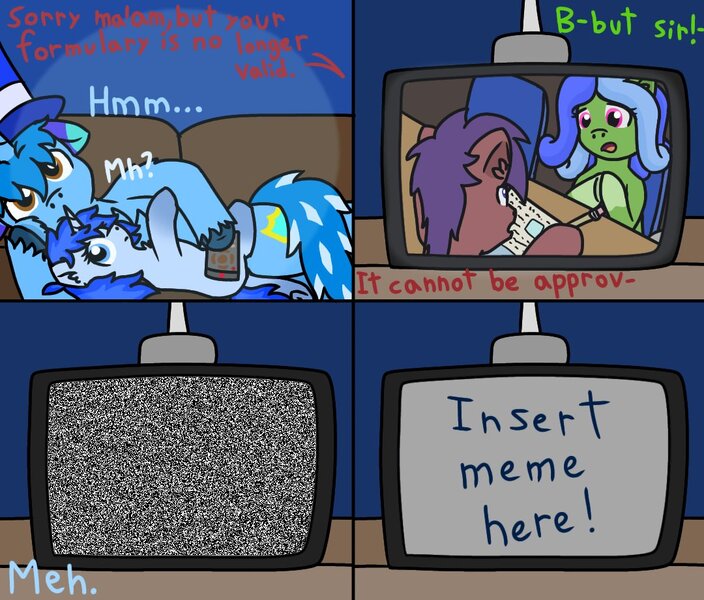 Size: 1080x920 | Tagged: safe, artist:💎blue, derpibooru import, oc, oc:blue blanket, oc:blueshield, unofficial characters only, pony, unicorn, clinging, comic, couch, dialogue, female, filly, foal, hat, horn, image, jpeg, lying down, male, mare, meme template, paper, pencil, remote, simple background, stallion, static, television, top hat