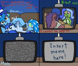 Size: 1080x920 | Tagged: safe, artist:💎blue, derpibooru import, oc, oc:blue blanket, oc:blueshield, unofficial characters only, pony, unicorn, clinging, comic, couch, dialogue, female, filly, foal, hat, horn, image, jpeg, lying down, male, mare, meme template, paper, pencil, remote, simple background, stallion, static, television, top hat