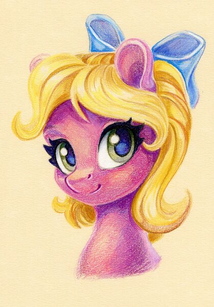 Size: 908x1300 | Tagged: safe, artist:maytee, derpibooru import, shady, earth pony, pony, g1, bow, bust, colored pencil drawing, hair bow, image, jpeg, portrait, solo, traditional art