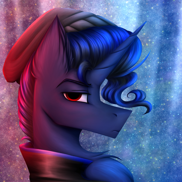 Size: 2431x2431 | Tagged: safe, artist:darklight1315, derpibooru import, oc, oc:dayline, unofficial characters only, pony, unicorn, beanie, chest fluff, clothes, ear fluff, hat, horn, image, jacket, male, parent:oc:decline, parent:oc:mayday, png, red eyes, solo, space, stallion, stars