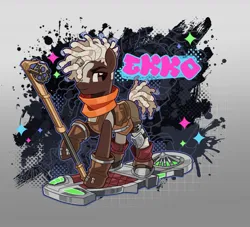 Size: 1483x1345 | Tagged: safe, artist:rotten_hyena, derpibooru import, ponified, earth pony, pony, arcane, armor, boots, clothes, dreadlocks, ekko, gloves, hoverboard, image, jpeg, league of legends, male, markings, scarf, shoes, shorts, solo, staff, stallion