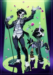 Size: 854x1200 | Tagged: safe, artist:rotten_hyena, derpibooru import, ponified, human, pony, unicorn, clothes, face paint, flower, ghost (band), gloves, horn, human ponidox, image, jpeg, male, markings, microphone, pants, papa emeritus iii, rose, self paradox, self ponidox, shirt, shoes, solo, stallion, suit, tattoo