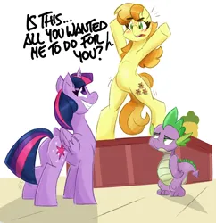 Size: 3500x3617 | Tagged: safe, artist:flutterthrash, derpibooru import, spike, teddie safari, twilight sparkle, twilight sparkle (alicorn), alicorn, dragon, earth pony, pony, g4, bipedal, blushing, butt, commission, dancing, dialogue, emanata, female, grin, high res, image, mare, png, simple background, smiling, spike is not amused, trio, twibutt, unamused, white background, winged spike, wings