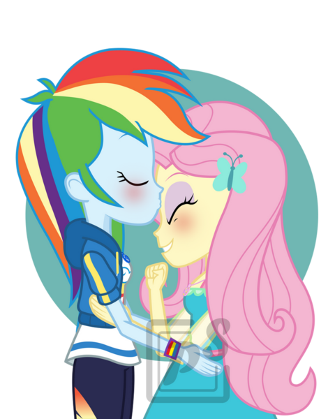 Size: 800x1000 | Tagged: safe, derpibooru import, fluttershy, rainbow dash, human, equestria girls, g4, blushing, female, flutterdash, image, kissing, lesbian, png, shipping, show accurate