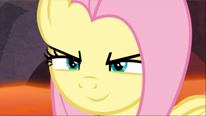 Size: 1667x940 | Tagged: safe, anonymous editor, derpibooru import, edit, edited screencap, screencap, fluttershy, pegasus, pony, g4, season 9, sweet and smoky, spoiler:s09, >:), female, fluttershy is amused, grin, image, inverted mouth, lava, mare, png, smiling, smirk, smug, smugshy, solo