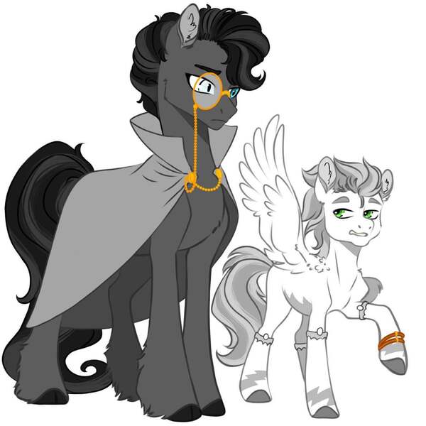 Size: 1080x1080 | Tagged: artist needed, safe, derpibooru import, oc, unofficial characters only, bat pony, pegasus, pony, fanfic, cloak, clothes, duo, duo male, fanfic art, image, jpeg, male, monocle, rational fic bait, simple background, stallion, white background