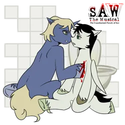 Size: 1000x1000 | Tagged: semi-grimdark, artist:0liiver, derpibooru import, ponified, pegasus, pony, unicorn, adam faulkner-stanheight, blood, horn, image, lawrence gordon, png, saw (movie), saw the musical: the unauthorized parody of saw, shipping, simple background, transparent background