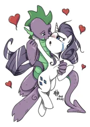 Size: 922x1296 | Tagged: safe, artist:burning-heart-brony, derpibooru import, rarity, spike, dragon, pony, adult, adult spike, blushing, crying, female, image, jpeg, male, older, older spike, open mouth, shipping, simple background, sparity, straight, white background