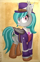 Size: 2560x3911 | Tagged: safe, artist:rainbowšpekgs, derpibooru import, oc, oc:malachite cluster, unofficial characters only, bat pony, pony, g4, bat pony oc, bat wings, boots, clothes, hat, image, male, necktie, png, shoes, smiling, solo, stallion, suit, top hat, wings