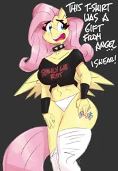 Size: 3000x4333 | Tagged: suggestive, artist:flutterthrash, derpibooru import, fluttershy, anthro, pegasus, pony, g4, belly, belly button, big breasts, blush lines, blushing, breasts, busty fluttershy, choker, chokershy, clothes, dialogue, embarrassed, female, gray background, high res, image, implied angel bunny, mare, midriff, obituary (band), panties, png, simple background, socks, solo, solo female, spiked choker, thigh highs, underwear, wristband