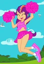 Size: 1412x2064 | Tagged: safe, artist:shieldwingarmorofgod, derpibooru import, sunny starscout, bird, human, equestria girls, g4, g5, cheerleader, equestria girls-ified, eyes closed, female, g5 to equestria girls, g5 to g4, generation leap, image, jumping, mane stripe sunny, png, pom pom, solo