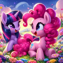 Size: 1024x1024 | Tagged: safe, ai content, derpibooru import, machine learning generated, prompter:bluey2309, pinkie pie, twilight sparkle, twilight sparkle (alicorn), alicorn, earth pony, pony, g4, female, flower, image, jpeg, lesbian, nature, outdoors, shipping, twinkie