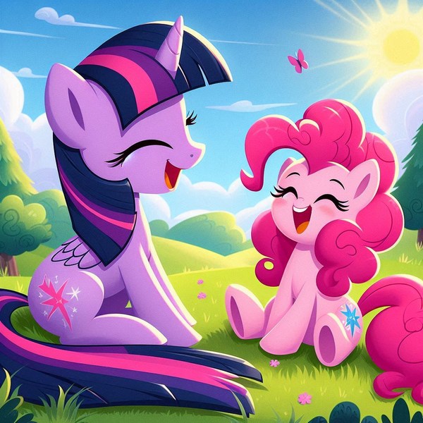 Size: 1024x1024 | Tagged: safe, ai content, derpibooru import, machine learning generated, prompter:bluey2309, pinkie pie, twilight sparkle, twilight sparkle (alicorn), alicorn, butterfly, earth pony, insect, pony, eyes closed, female, happy, image, laughing, nature, outdoors, png, sitting, sun