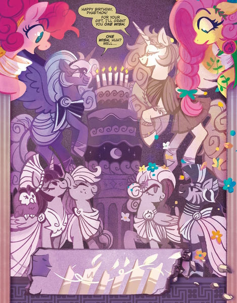 Size: 1988x2541 | Tagged: safe, artist:justasuta, derpibooru import, idw, applejack, fluttershy, owlowiscious, pinkie pie, princess celestia, princess luna, twilight sparkle, twilight sparkle (alicorn), zecora, alicorn, bird, earth pony, owl, pegasus, pony, zebra, g4, spoiler:comic, aphrodite, athena, birthday cake, birthday candles, cake, candle, circe, clothes, cropped, eyes closed, female, floppy ears, flower, flower in hair, flying, folded wings, food, freckles, goddess, greek, greek clothes, greek mythology, helios, helmet, horn, image, jpeg, lidded eyes, mare, my little pony classics reimagined: the odyssey, persephone, phaëthon, royal sisters, self paradox, self ponidox, siblings, sisters, smiling, spread wings, table, wings