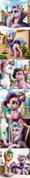 Size: 1024x6144 | Tagged: suggestive, ai content, anonymous prompter, derpibooru import, machine learning generated, hitch trailblazer, pipp petals, queen haven, zipp storm, earth pony, pegasus, pony, g5, clothes, comic, female, image, indoors, kitchen, mare, mobile phone, open mouth, outdoors, phone, plant, png, raised tail, shovel, speech bubble, streaming, tail, underwear