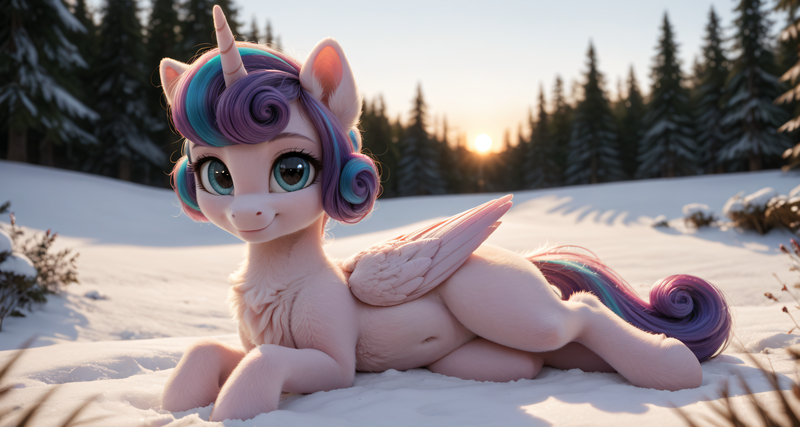 Size: 3360x1792 | Tagged: safe, ai content, derpibooru import, machine learning generated, prompter:bloodwood, princess flurry heart, pony, g4, belly, belly button, chest fluff, cute, ear fluff, fluffy, flurrybetes, forest, forest background, image, looking at you, lying down, outdoors, photorealistic, png, prone, realistic, smiling, smiling at you, snow, solo, subsurface scattering, sunset, the quality of ai art is frightening, tree