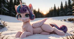 Size: 3360x1792 | Tagged: safe, ai content, anonymous prompter, derpibooru import, machine learning generated, princess flurry heart, g4, belly, belly button, chest fluff, cute, ear fluff, fluffy, image, looking at you, lying down, outdoors, photorealistic, png, prone, realistic, smiling, snow, solo, sunset, the quality of ai art is frightening, tree